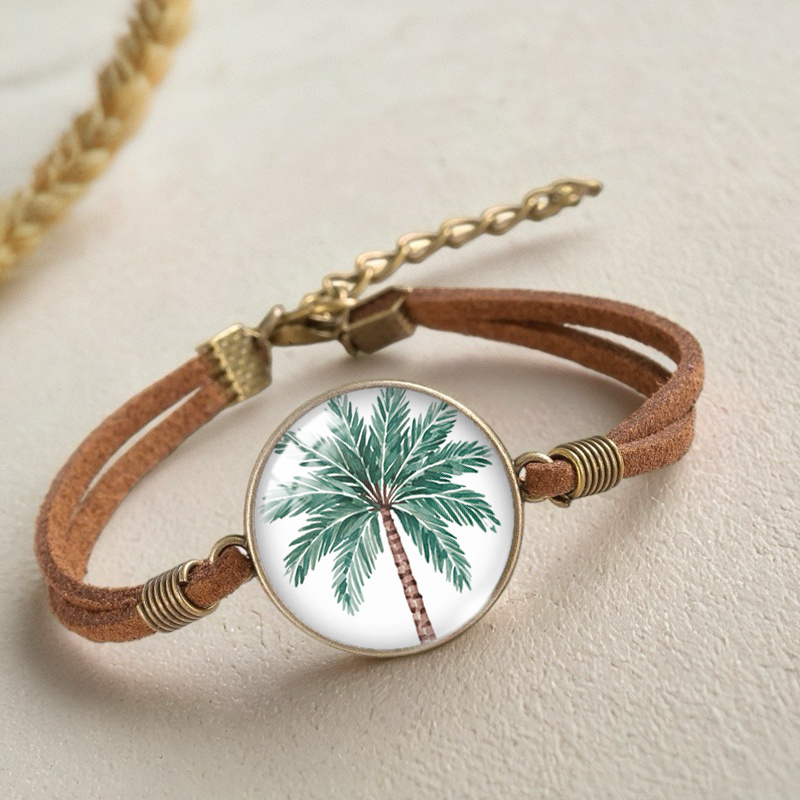 Men's Brown Leather Bracelet with Palm Tree Glass Ornament